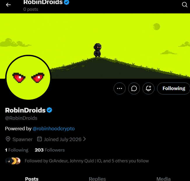 A screenshot of the verified Twitter/X profile for "RobinDroids" (@RobinDroids), powered by @robinhoodcrypto, showing 0 posts and 203 followers, featuring a pixelated character on a green hill banner and red pixelated eyes as the avatar, shared to promote early access/whitelist spots for a related NFT project.