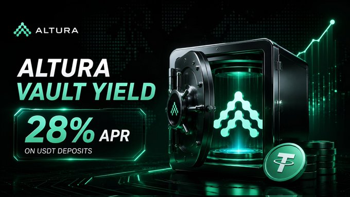 The image features an advertisement for Altura, which is promoting the idea that users can lock up their cryptocurrency with a certain amount of money without immediately selling it. The advertisement includes a black vault filled with green circles representing cryptocurrency, along with a green coin in the bottom right corner. The text on the post emphasizes the flexibility and utility of locking up cryptocurrency for future use or as an investment strategy.