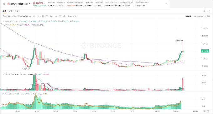 A Binance cryptocurrency trading chart showing BNB/USDT at 0.16022 with significant volatility, displaying candlestick patterns, volume bars, and moving averages over several months from February to August.