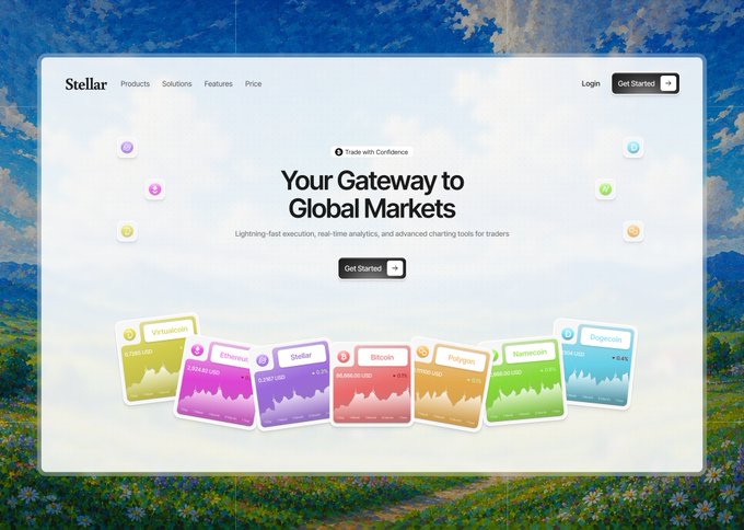 A landing page for 'Stellar' featuring the tagline 'Your Gateway to Global Markets' with cryptocurrency price cards displayed against a cloudy mountain landscape background.