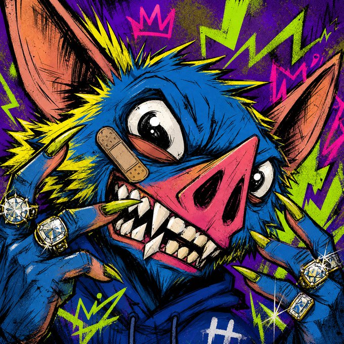 A chaotic, vibrant illustration of a blue, bat-like creature with a pink nose, sharp teeth, a band-aid, and multiple diamond rings, set against a background of neon yellow lightning bolts.