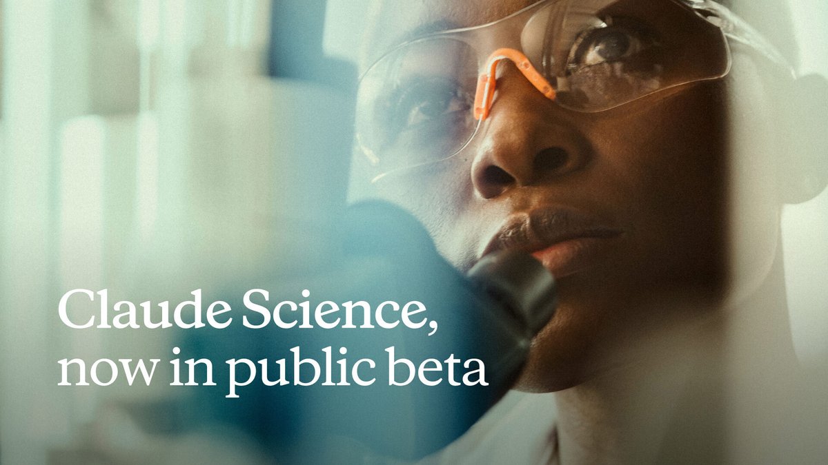 Advertisement for Claude Science now in public beta, featuring a close-up of a person in safety goggles using a pipette in a lab.
