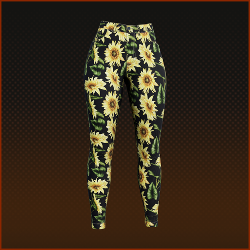 A product image of black leggings featuring a yellow sunflower pattern with green leaves, displayed against a dark gradient background.