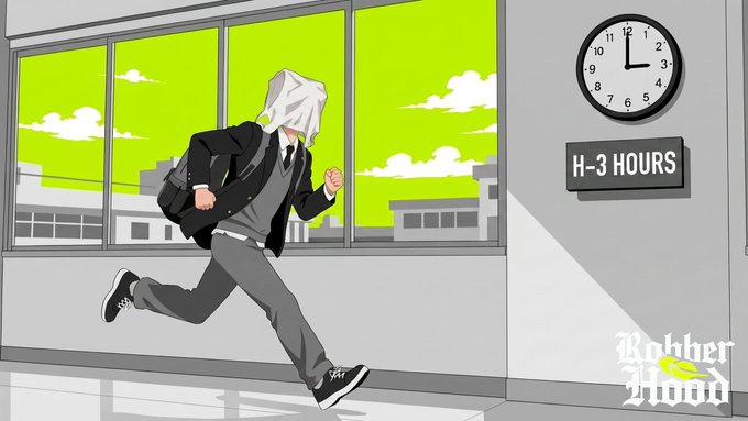 A stylized figure in a suit sprints past a window with a clock showing roughly 2:00 and a sign reading "H-3 HOURS," visually reinforcing the post's urgency that minting begins in three hours. The "Robber Hood" logo in the corner ties the countdown graphic to the project's OpenSea mint.