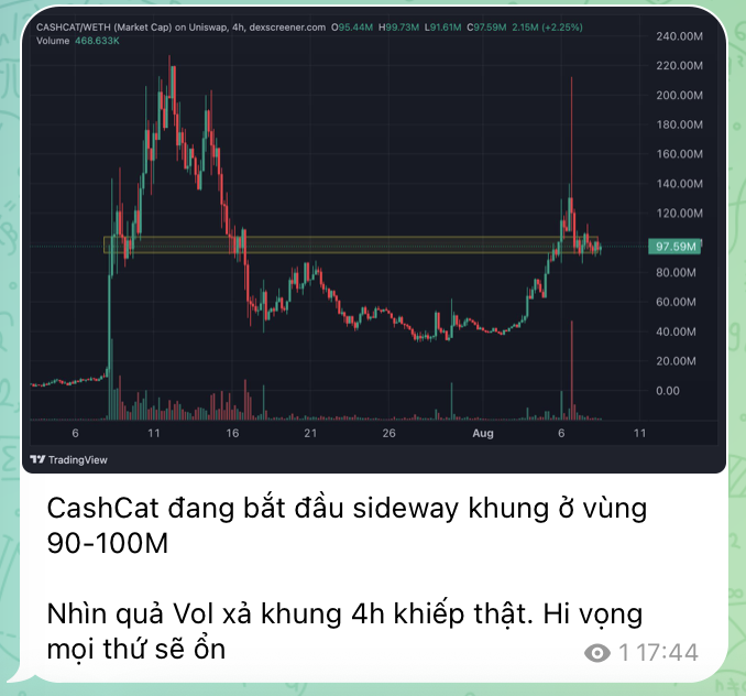 A TradingView 4-hour chart for CASHCAT/WETH on Uniswap showing the market cap consolidating sideways in the 90-100M range, with Vietnamese text below analyzing the volume drop.