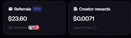 A screenshot showing 'Referrals' earnings of $23.60 (25%) and 'Creator rewards' of $0.0071.