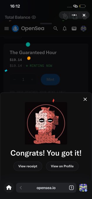 A mobile screenshot of OpenSea shows a successful NFT mint, displaying 'Congrats! You got it!' below an artwork titled 'The Guaranteed Hour' for $19.14.