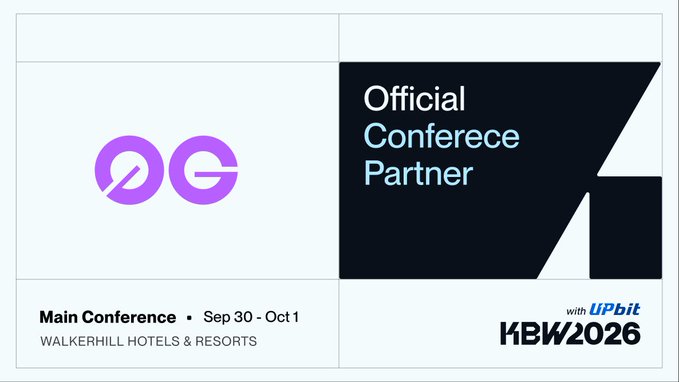 A promotional banner for an 'Official Conference Partner' featuring the OG logo, advertising the Main Conference on Sep 30 - Oct 1 at Walkerhill Hotels & Resorts for KBW2026 with Upbit.
