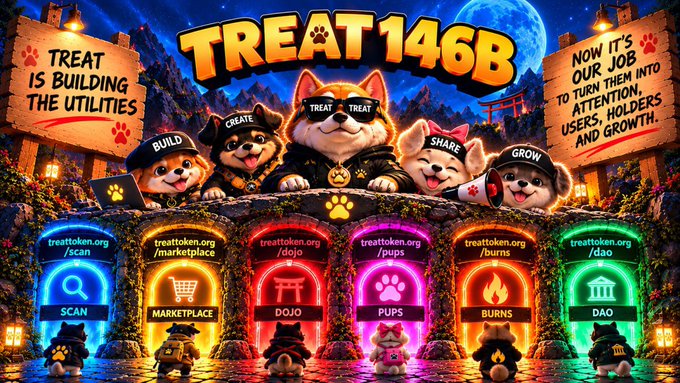 A colorful promotional graphic for 'TREAT 146B' featuring Shiba Inu dogs wearing hats labeled 'BUILD', 'CREATE', 'TREAT', 'SHARE', and 'GROW', with portals for SCAN, MARKETPLACE, DOJO, PUPS, BURNS, and DAO, and text stating 'TREAT IS BUILDING THE UTILITIES' and 'NOW IT'S OUR JOB TO TURN THEM INTO ATTENTION, USERS, HOLDERS AND GROWTH.'