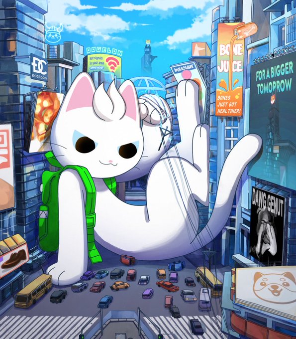 An illustration of a giant white cat wearing a green backpack standing in a busy city street surrounded by billboards, including ones reading 'BONE JUICE' and 'FOR A BIGGER TOMORROW'.