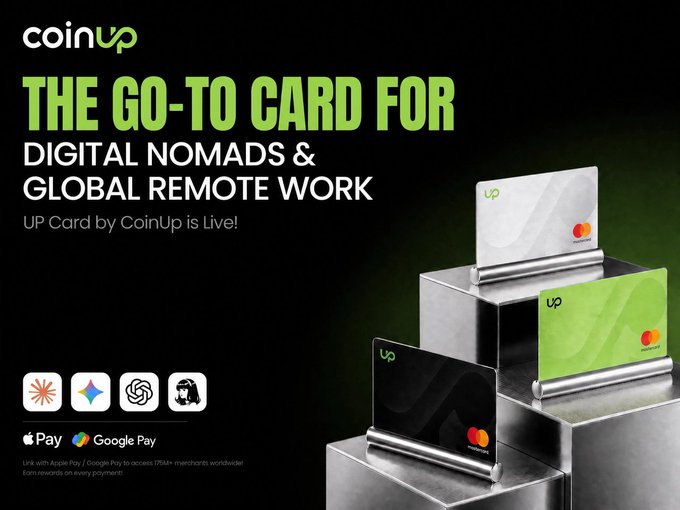 The image features a poster for CoinUp's Go-to-Card, which allows users to pay with their mobile phones or other devices. The poster displays three different cards, each with unique designs and colors. One card has a green background, another is black, and the third one is silver. The text on the poster highlights that the cards can be used for both online payments and cross-border shopping, making them versatile payment options. It also mentions that users can get cashback on their purchases using these cards.