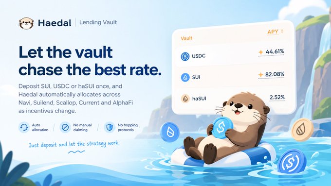 An advertisement for "Haedal | Lending Vault" with the text "Let the vault chase the best rate," showing APYs for USDC (44.61%), SUI (82.08%), and haSUI (2.52%), featuring an illustration of an otter floating in water.