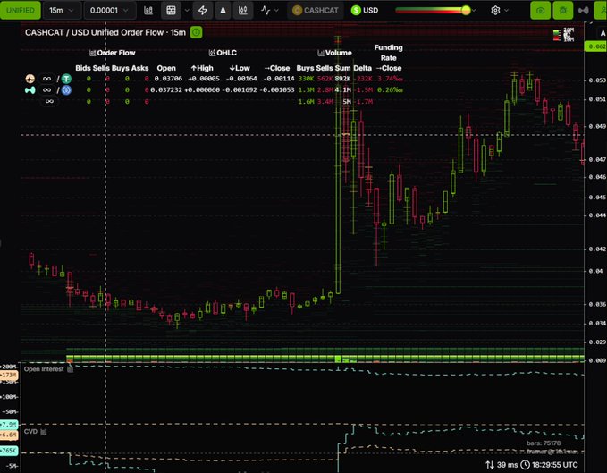 A price chart for $CASHCAT/USD shows a significant vertical price spike and high volume, which correlates with the user's questioning of who is responsible for the sudden market activity.