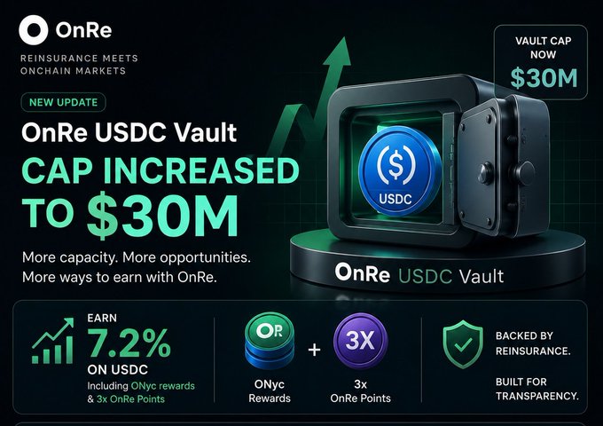 Promotional graphic for OnRe announcing the USDC Vault cap increase to $30M, offering 7.2% earnings on USDC including ONyc rewards and 3x OnRe Points, backed by reinsurance.