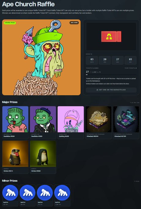 An 'Ape Church Raffle' NFT giveaway page featuring a green mutant ape NFT, a red Ape raffle ticket, and major prizes including a Goofball and Zombie NFT.