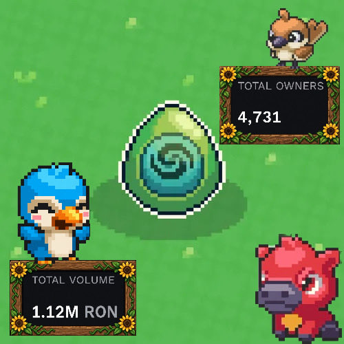 A pixel art digital interface displays a green egg-like item with a spiral, surrounded by bird characters and text reading 'TOTAL OWNERS 4,731' and 'TOTAL VOLUME 1.12M RON'.