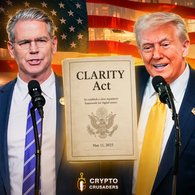 The image shows a document titled "CLARITY Act" dated "May 11, 2025" between Scott Bessent and Donald Trump, overlaid on an American flag. The accompanying post promotes the act for "MAKING AMERICA GREAT AGAIN!!" and mentions "$XRP."