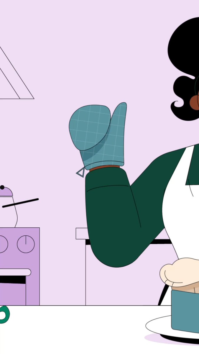 A stylized illustration shows a baker in a green sleeve and white apron using a blue oven mitt in a pink-toned kitchen, with a slice of blue cake on a plate in the foreground. The image visually represents the "baking" metaphor for stablecoins, where assets are deposited in and withdrawn at a stable value, much like ingredients going in and a finished product coming out.