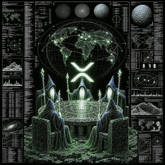 A dark, stylized digital illustration of hooded figures around a glowing table with a globe and the XRP (Ripple) cryptocurrency logo in the background.