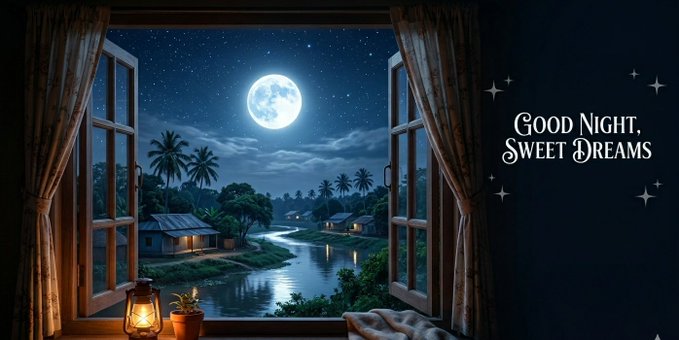 The image features an open window with a view of a river, palm trees, and houses at night. The caption reads "Good Night! Sweet Dreams" above the scene. There are also two small lights visible near the bottom left corner of the photo.
