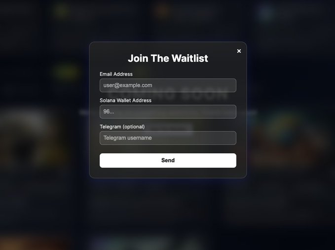 A dark waitlist signup form for "Join The Waitlist" collects an email address (user@example.com), Solana wallet address (96...), and optional Telegram username, with a "Send" button. The modal likely relates to the post's mention of @changedotfun, appearing to be a registration page for their memecoin platform that integrates charity into its launch mechanism.
