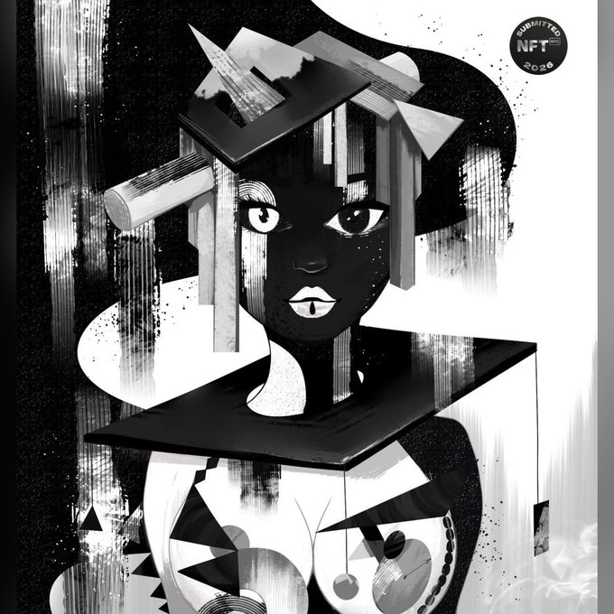 Black and white stylized illustration of a woman with an abstract, geometric headpiece and fragmented features, with a small 'SUBMITTED NFT PRO 2020' badge in the corner.