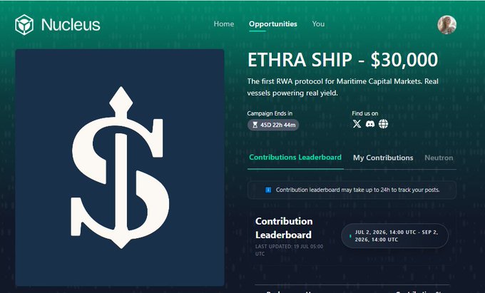 A screenshot of the Nucleus platform showing an 'ETHRA SHIP - $30,000' opportunity, described as 'The first RWA protocol for Maritime Capital Markets. Real vessels powering real yield,' with a campaign ending countdown and contribution leaderboard.