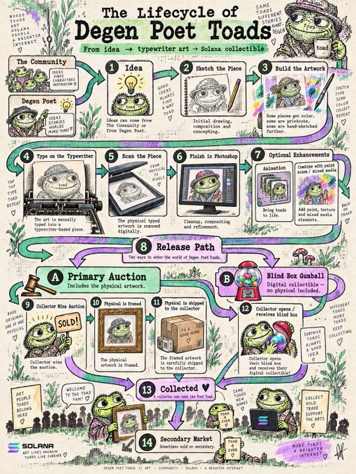 An infographic titled 'The Lifecycle of Degen Poet Toads' outlines a 14-step process from idea to secondary market, detailing artwork creation and release paths on the Solana blockchain.