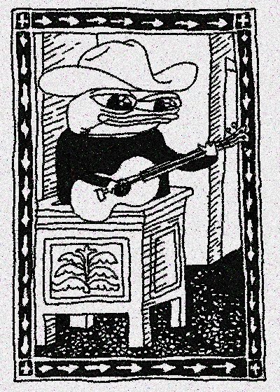 A black and white illustration of a frog wearing a cowboy hat and sunglasses, playing an acoustic guitar while standing behind a podium.