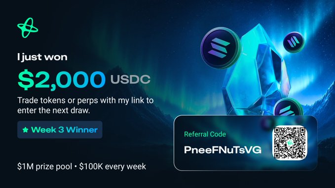 Promotional graphic claiming a $2,000 USDC win with referral code "PneeFNuTsVG" and a $1M prize pool for trading tokens or perps.