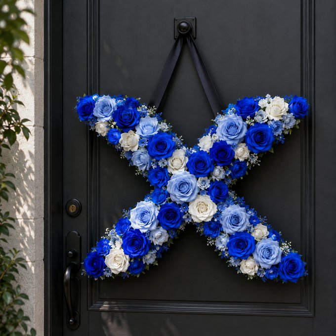A lush floral wreath shaped like an "X" in vibrant blue, light blue, and white roses hangs from a black satin ribbon on a dark front door, symbolizing a celebratory "welcome home" for traders returning to the markets. The bold blue tones evoke market charts and prosperity, while the welcoming floral arrangement ties into the warm greeting of traders coming back to their trading floor.