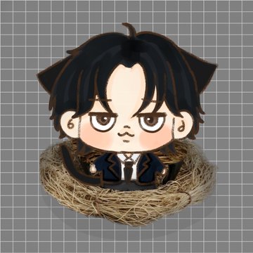 A cute anime-style plush figure of a character with black hair, cat ears, and a suit, sitting in a small straw nest against a gray grid background.
