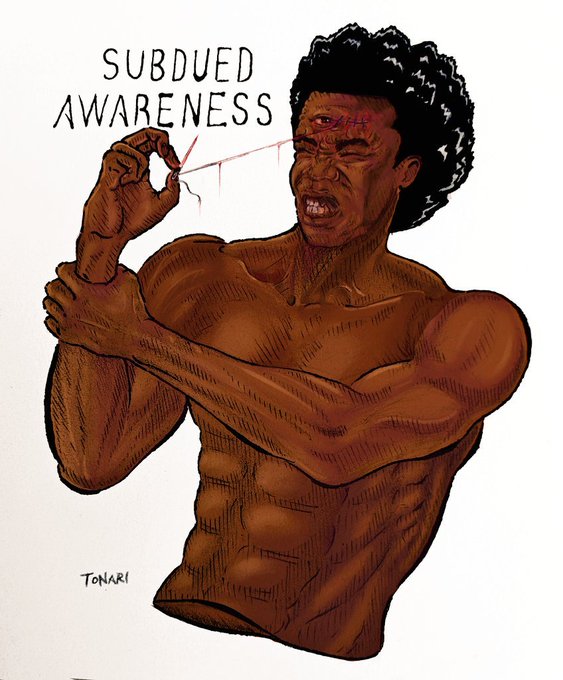 An illustration of a muscular man looking pained while pulling a red string from his eye, labeled 'SUBDUED AWARENESS' and signed 'TONARI'.