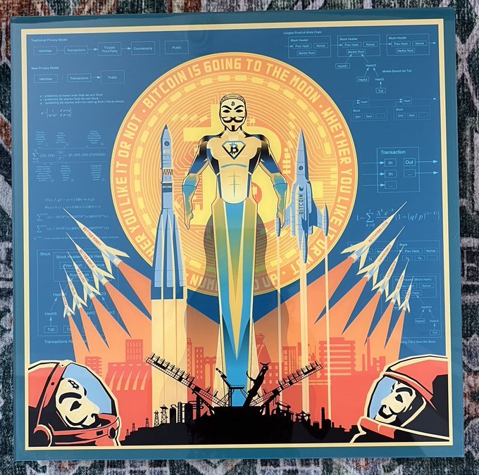 A retro-style propaganda poster featuring a central figure in a Guy Fawkes mask and metallic superhero suit between two rockets labeled 'BITCOIN,' with the surrounding text reading 'BITCOIN IS GOING TO THE MOON' and 'WHETHER YOU LIKE IT OR NOT,' set against a backdrop of blockchain diagrams and mathematical formulas.