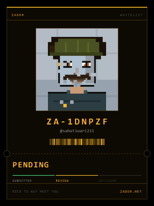 A pixel art character card from ZADDR with a whitelist status, showing ID 'ZA-1DNPZF' for user @sahutiwari231, featuring a character with a green hat and mustache at the 'PENDING - REVIEW' stage.