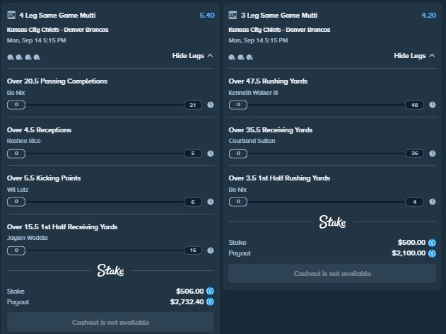 A Stake betting slip shows two parlays on the Kansas City Chiefs vs. Denver Broncos (Mon, Sep 14, 5:15 PM): a 4-leg multi paying $2,732.40 on a $500 stake (including Bo Nix over 20.5 passing completions, Rashee Rice over 4.5 receptions, Wil Lutz over 5.5 kicking points, and Jaylen Weddle over 15.5 1st half receiving yards), and a 3-leg multi paying $2,100 on a $500 stake (including Kenneth Walker III over 47.5 rushing yards, Courtland Sutton over 35.5 receiving yards, and Bo Nix over 3.5 1st half rushing yards). This relates to the post by showcasing the bettor's previous winning slips, reinforcing their confidence before locking in picks for the next game.