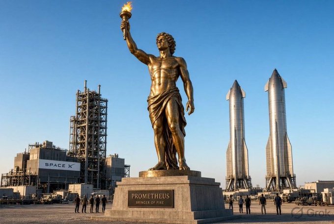 AI-generated image of a giant golden 'PROMETHEUS - BRINGER OF FIRE' statue holding a torch, with SpaceX rockets and facility in the background.