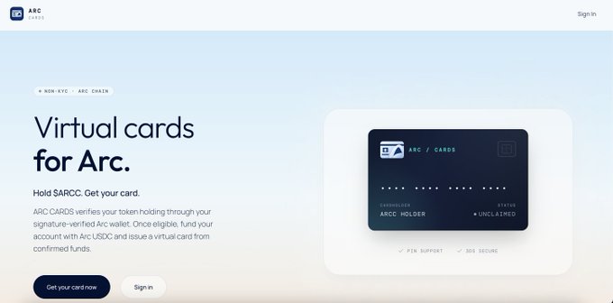 A website page for 'ARC CARDS' promotes 'Virtual cards for Arc.', explaining that 'ARC CARDS verifies your token holding through your signature-verified Arc wallet' to fund accounts with Arc USDC.