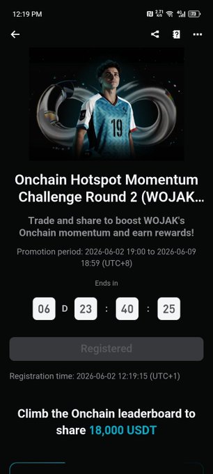 The image shows a screenshot of an app screen featuring information about an Onchain Heatpad market challenge called "Onchain hotspot momentum challenge" or "hotspot momentum." The main text highlights that participants who engage in trading heatpad coins will receive rewards, as well as an opportunity to climb the leaderboard and share their onchain campaigns. 

The image is related to a post that discusses how certain meme coins may lose interest after generating a short amount of attention due to factors like low trading volume or community activity. The post suggests that when these conditions are met, markets tend to shift focus back towards the meme coin and its participants. In this case, the main meme coin chosen is "WOJAK."