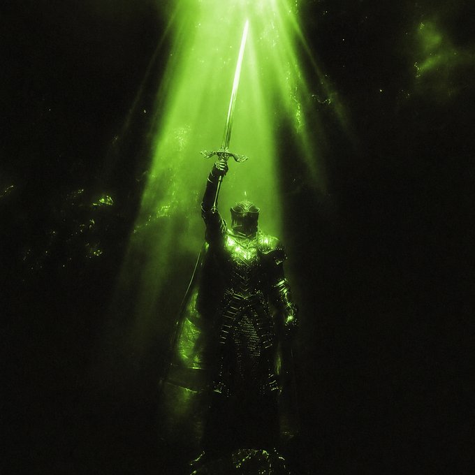 A knight in dark armor stands triumphantly with a sword raised overhead, bathed in a dramatic green spotlight that cuts through the surrounding darkness. The vivid green illumination perfectly echoes the post's reference to "Conviction has entered the arena," symbolizing a bold, decisive force stepping into the spotlight.