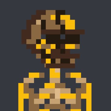 A pixel art character with brown hair, dark sunglasses, and a yellow and brown outfit against a dark blue background.