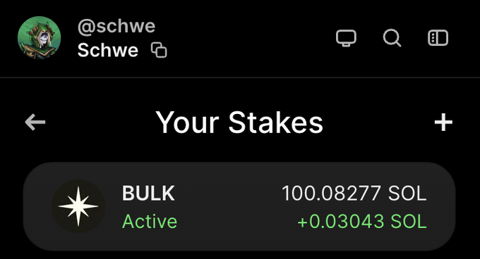 Phantom wallet staking interface for user @schwe showing an active BULK stake of 100.08277 SOL earning +0.03043 SOL.