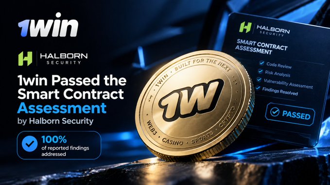 A promotional graphic announcing '1win Passed the Smart Contract Assessment by Halborn Security,' featuring the 1win logo, a gold coin, and a checkmark showing 100% of findings addressed.