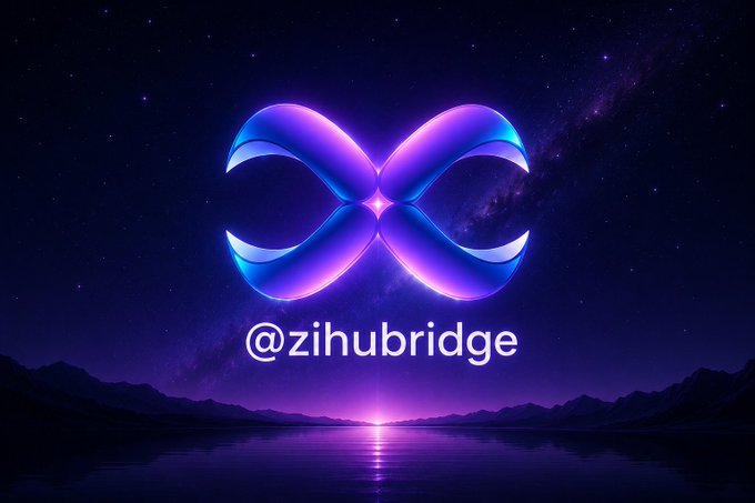 A glowing blue and purple "X"-shaped logo with the handle "@zihubridge" is displayed against a starry night sky and tranquil lake backdrop, visually reinforcing the post's message about building structured, high-quality standards in crypto ecosystems like the ZihuBridge platform.