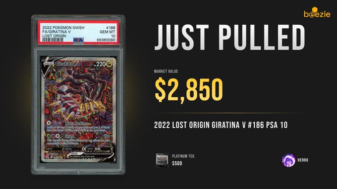 A PSA 10 Giratina V card from the 2022 Pokémon Lost Origin set (#186), valued at $2,850 by Beezie, is displayed in a graded slab next to "JUST PULLED" text, illustrating a successful high-value card pull that the post compares favorably to the $CARDS gacha platform as the user (Herad) promotes Beezie's claw machine mechanic for potentially doubling value on premium pulls.