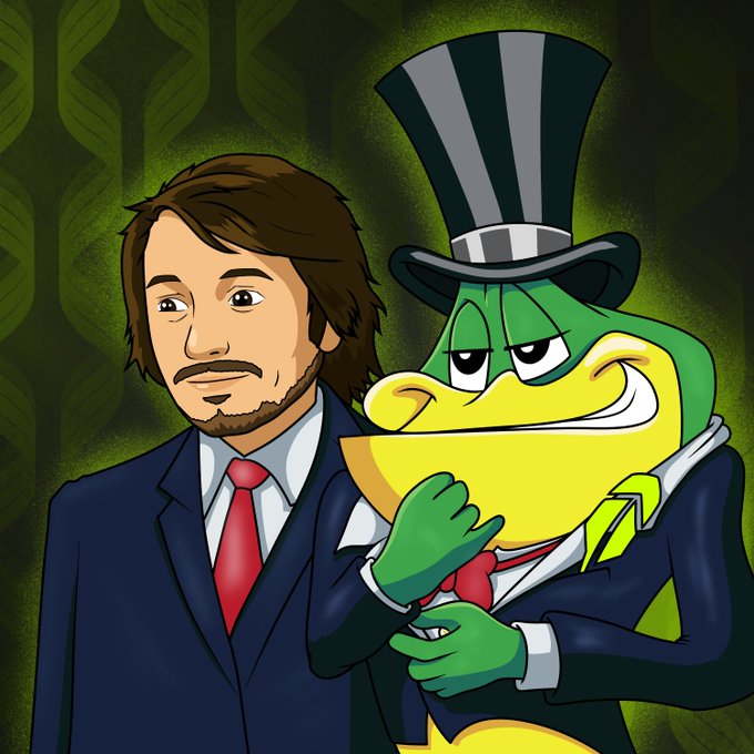 A cartoon illustration of a bearded man in a blue suit with a red tie standing next to a green frog character wearing a matching suit, top hat, and yellow bowtie against a dark green patterned background.