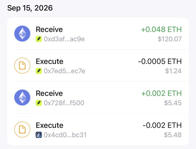 The image shows a transaction history from September 15, 2026, displaying two ETH "Receive" entries (+0.048 ETH/$120.07 and +0.002 ETH/$5.45) along with two "Execute" transactions, illustrating the wallet activity related to claiming tokens on ponsfamily.com as mentioned in the post.