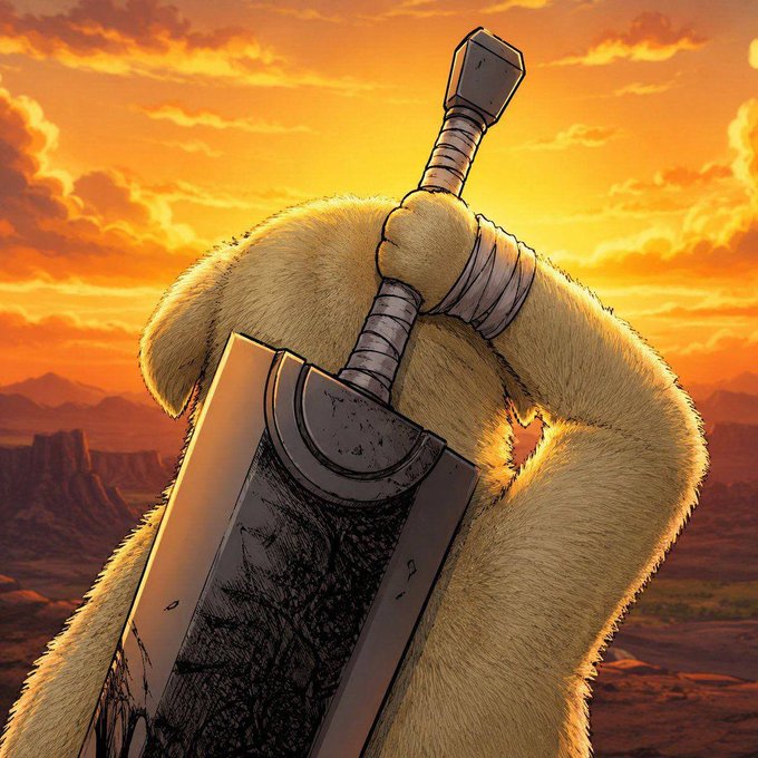 A furry, paw-like hand grips a massive sword over a desert landscape bathed in the orange glow of a setting sun. The image evokes a sense of grand adventure and anticipation, fitting the post's hype for "$Jotchua billions" with its imposing, heroic pose.