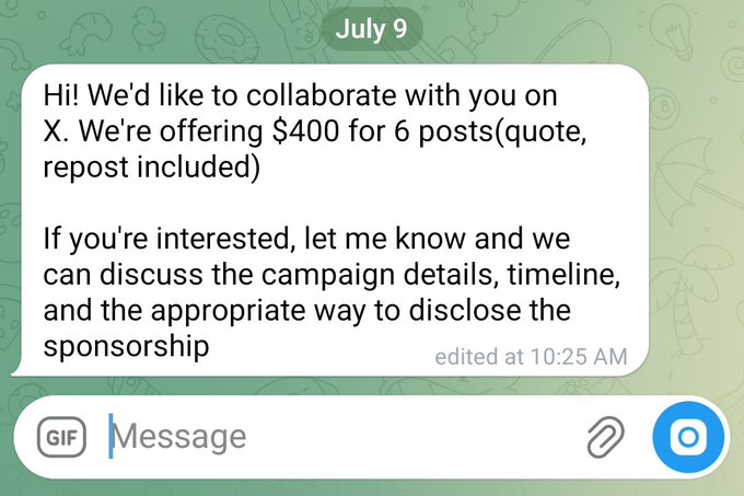 A Telegram message dated July 9 offers a collaboration to create 6 posts (including a quote and repost) on platform X for $400, with the sender requesting interest in discussing campaign details. The accompanying caption suggests the creator is debating whether to accept the $60+ per post offer, comparing it favorably to a previous "wallchain" deal.