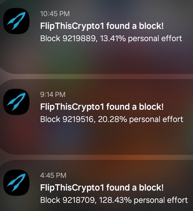 Mobile notifications from FlipThisCrypto1 announcing found blockchain blocks: Block 9219889 (13.41% effort), Block 9219516 (20.28% effort), and Block 9218709 (128.43% effort).